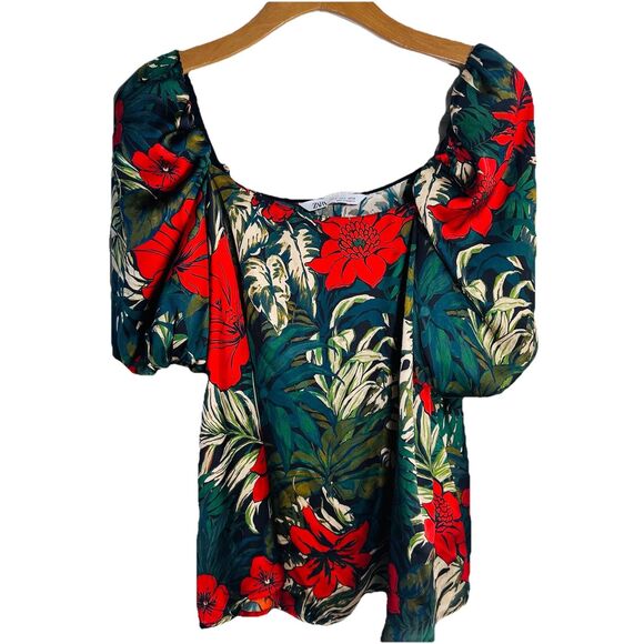 Zara Blouse Top Women's SZ S Floral Print Tropical Puff Sle Festival Chic Boho - Picture 8 of 10